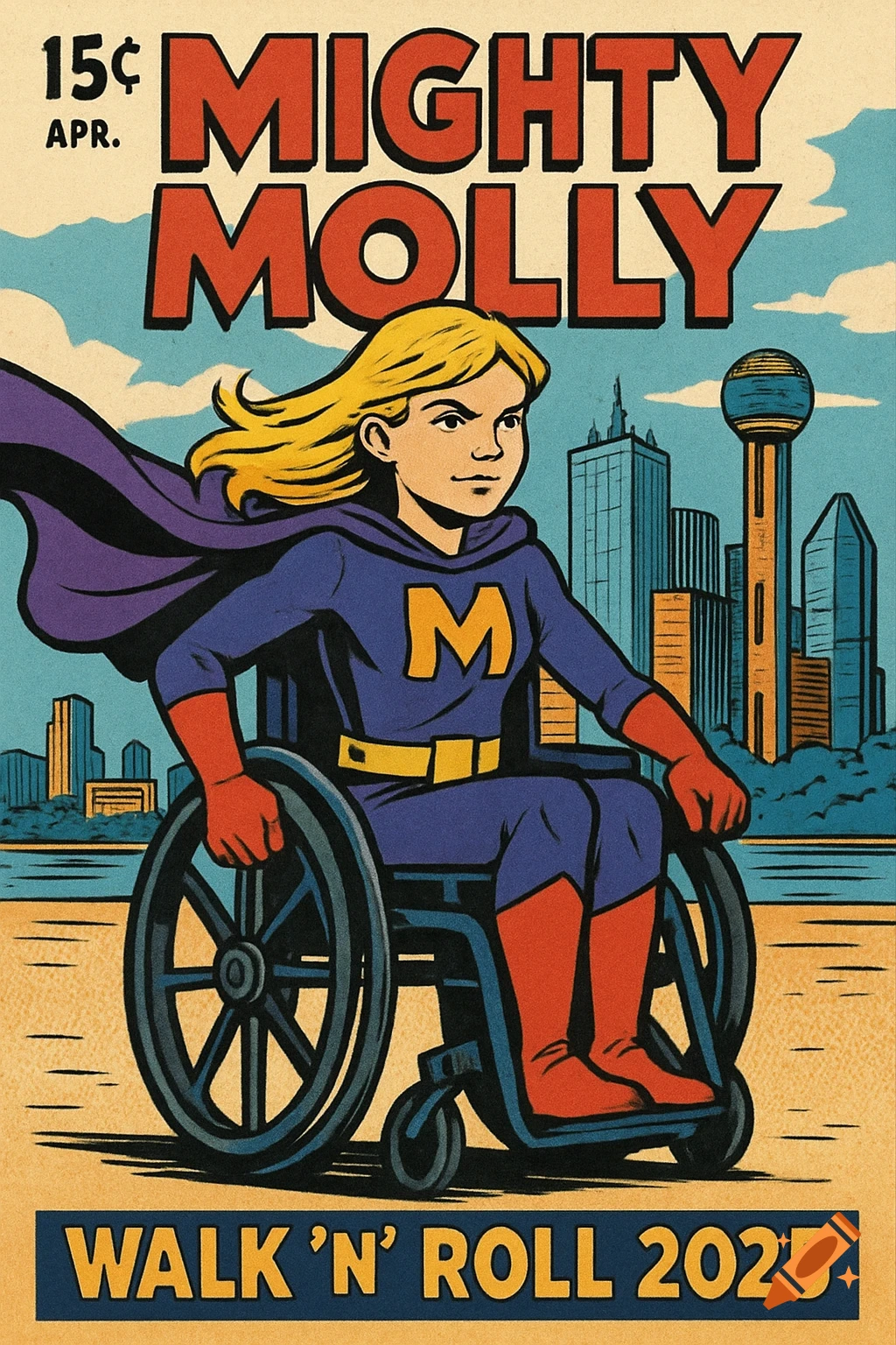 A retro comic book cover featuring a blonde superhero named Mighty Molly in a wheelchair, with a purple cape, against a Dallas skyline.