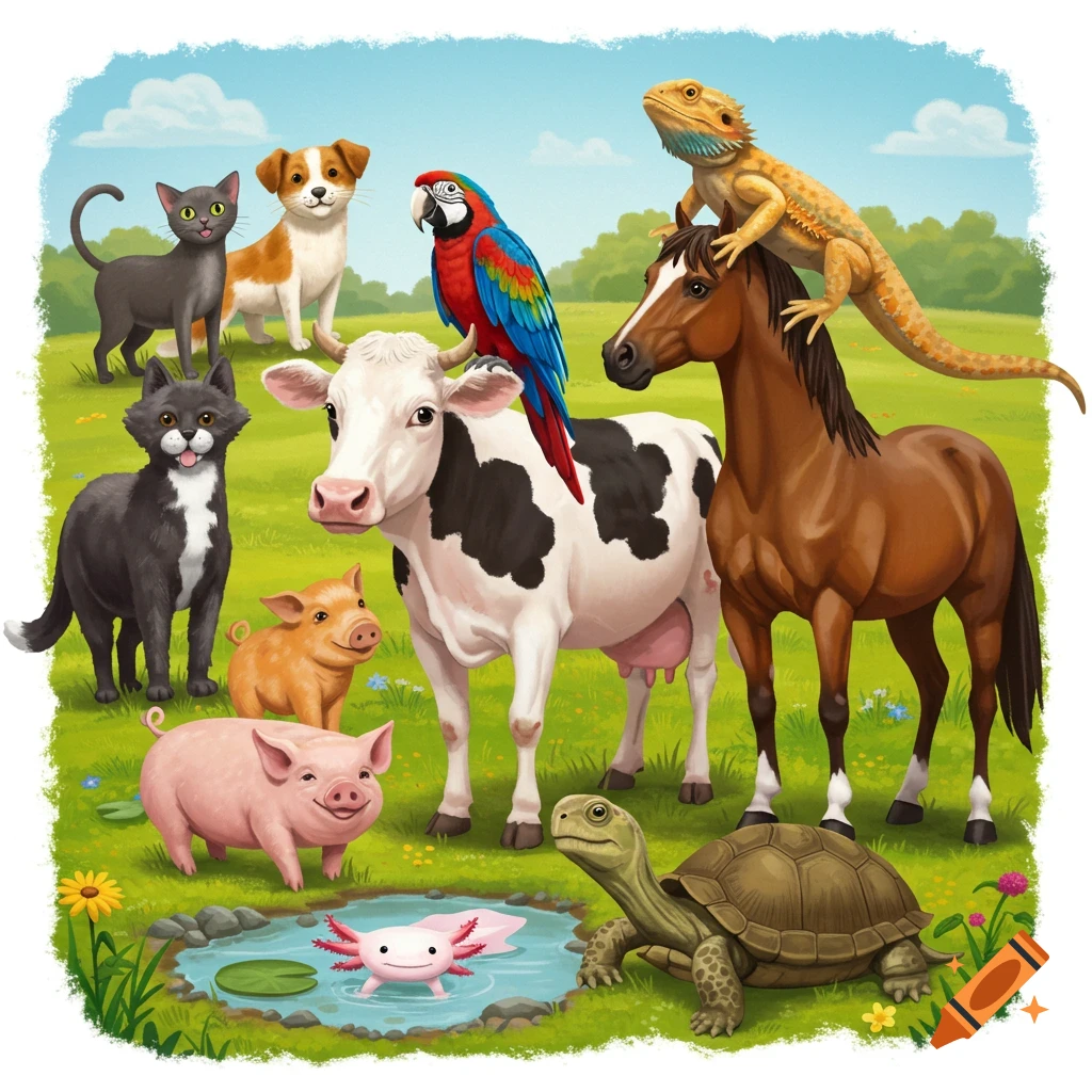A whimsical illustration of various animals, including cats, dogs, a macaw, pigs, a cow, a horse, a bearded dragon, a turtle, and an axolotl in a grassy field with a small pond.