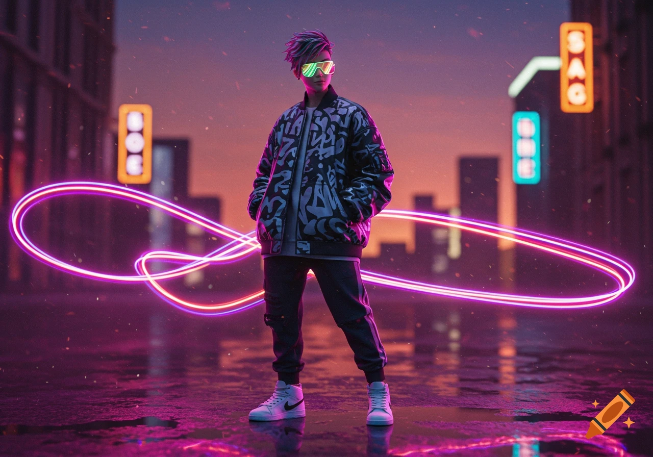 A person with colorful hair and reflective glasses wears a black bomber jacket with abstract white patterns, standing on a wet street with glowing neon light trails and a city background at sunset.