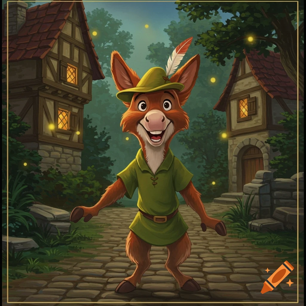 A happy anthropomorphic donkey in a green outfit stands on a cobblestone path in a Disney-style village with fireflies at dusk.