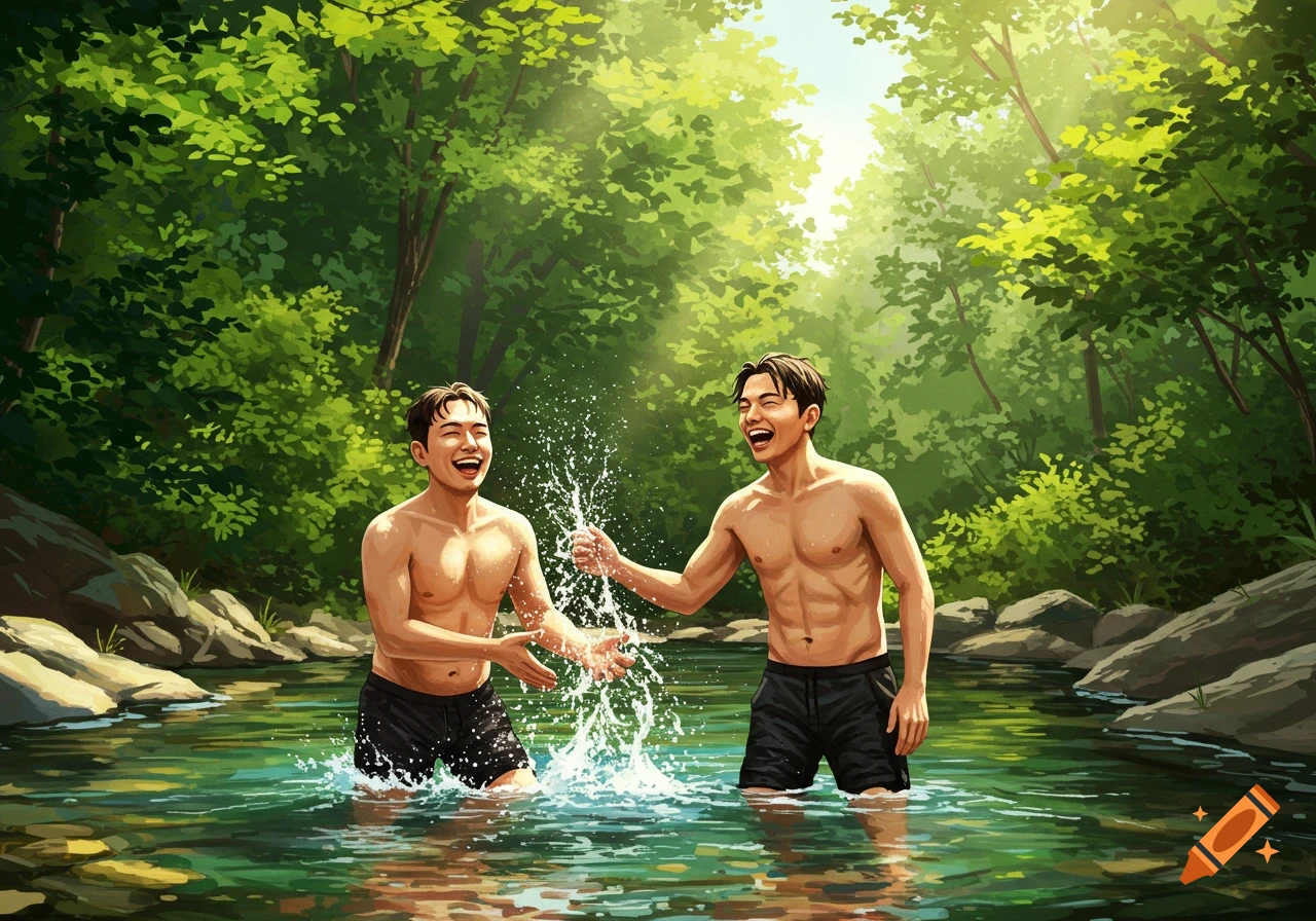 Two smiling men splash each other in a sunlit river surrounded by a lush green forest, illustrated style.