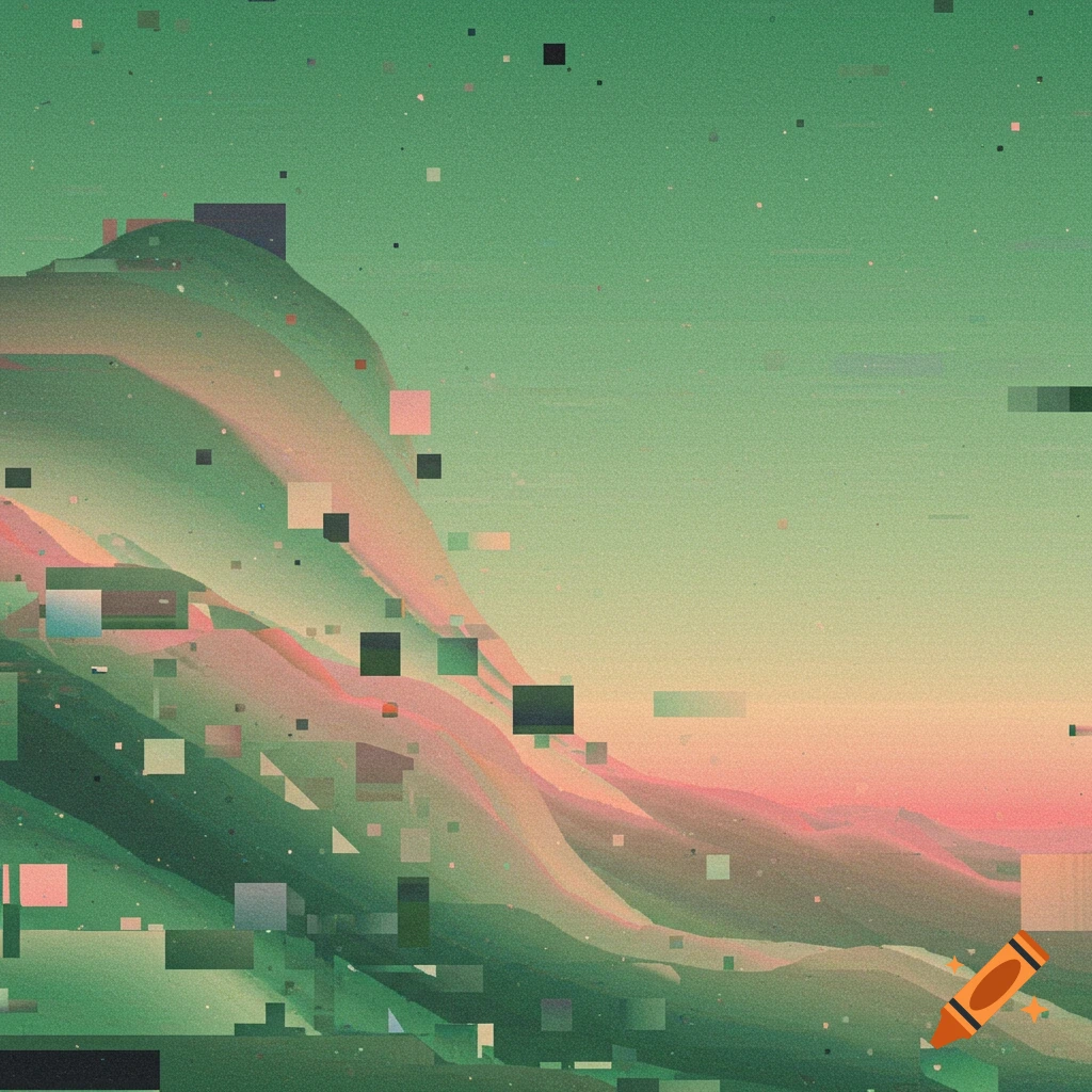 Abstract digital art with green and pink wavy forms, featuring square pixelated artifacts and a grainy texture.