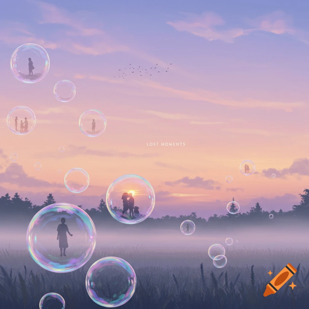 Dreamy sunset landscape with fog, trees, and floating bubbles containing silhouettes of people. Text 'LOST MOMENTS' is centered.