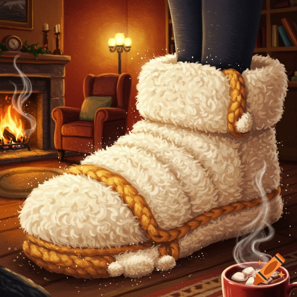 A person wears a giant, fluffy white slipper with braided gold accents in a cozy room with a fireplace and a mug of hot cocoa.
