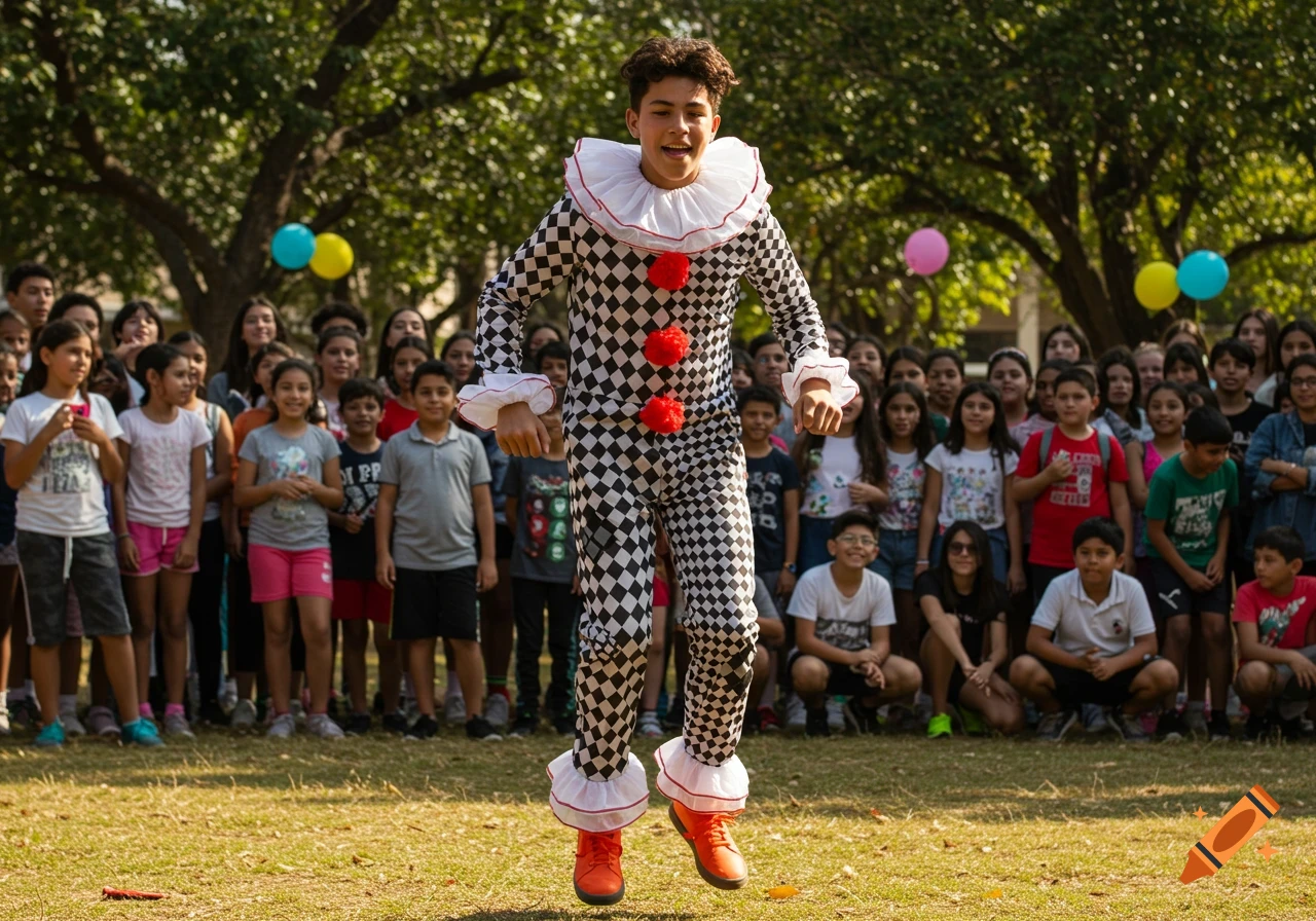 A teenage boy in a black and white checkered clown jumpsuit with a ruffled collar and cuffs jumps in the air in front of a crowd of smiling children outdoors.