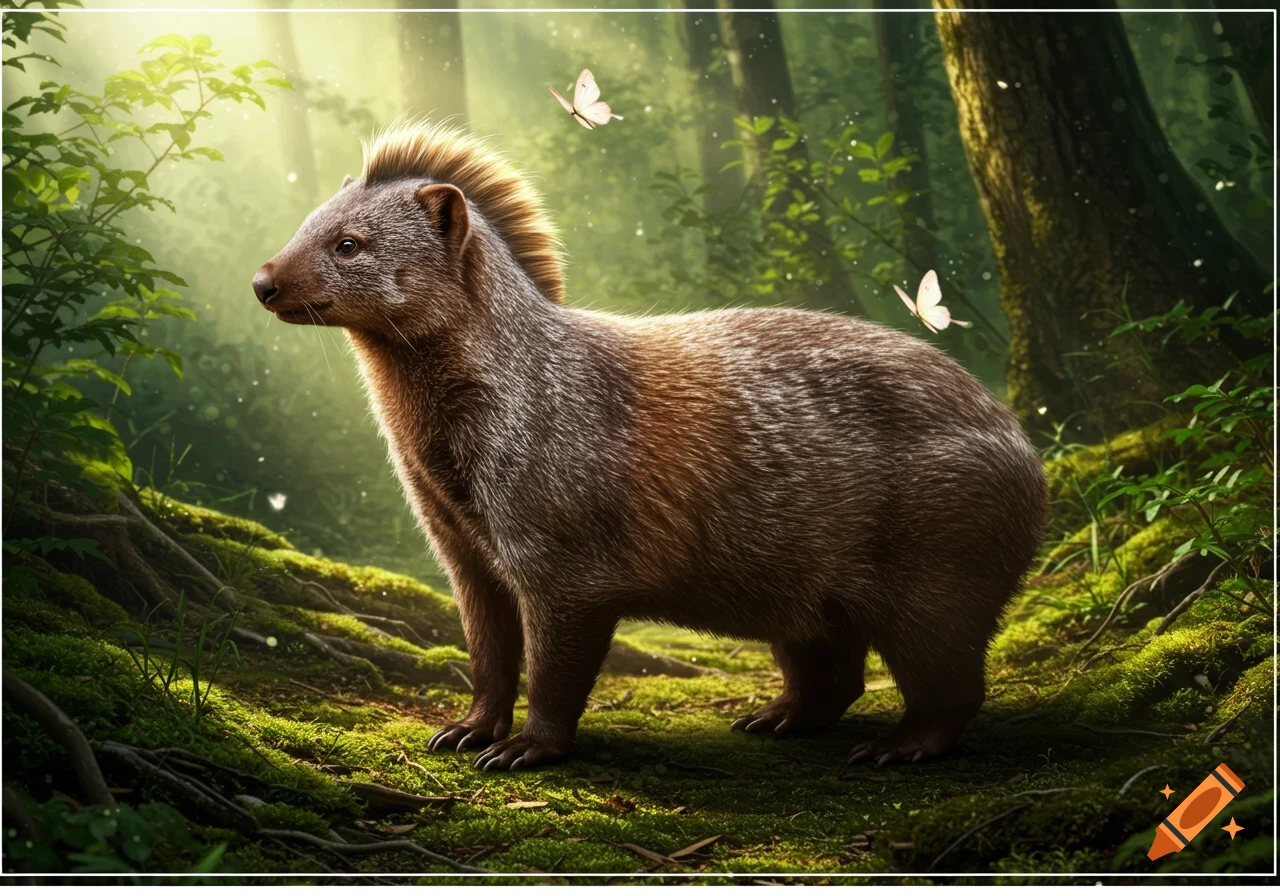 A unique brown and grey furry animal, a blend of a mongoose, horse, and wombat, stands in a sunlit green forest with butterflies.