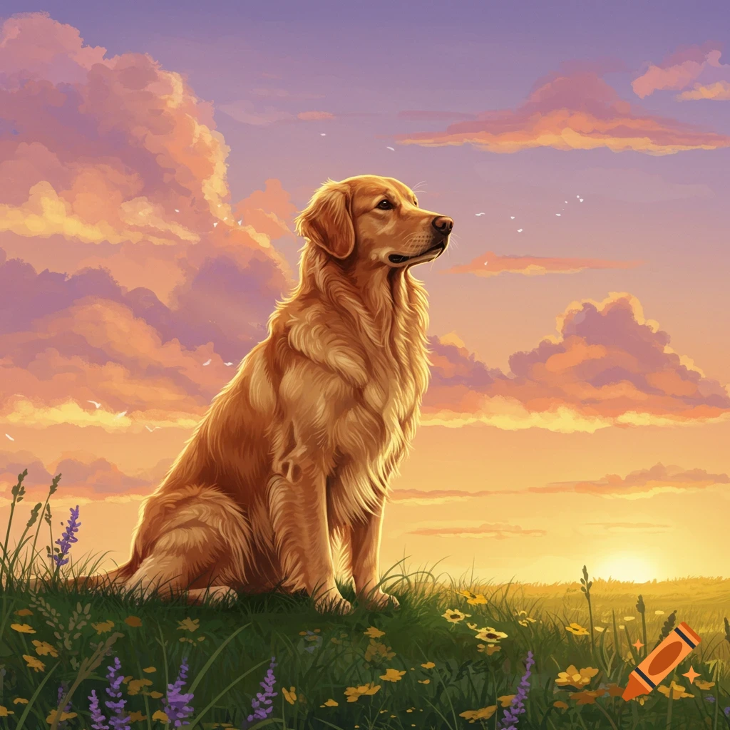 Illustrated golden retriever sitting in a field of wildflowers at sunset under a colorful sky.