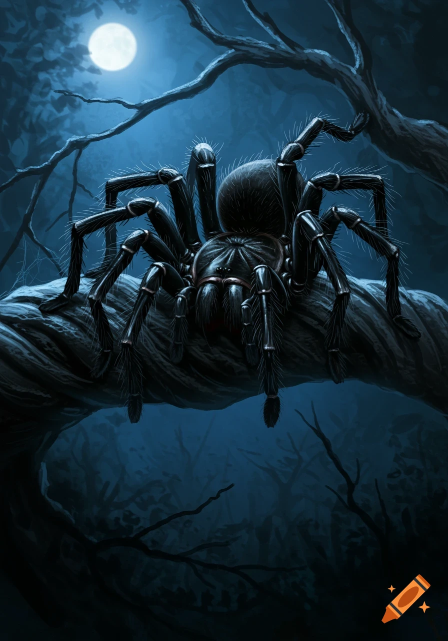 A large, hairy black tarantula sits on a dark tree branch under a full moon in a blue night sky.