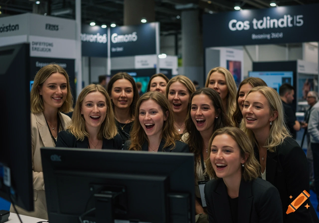 A group of excited young women looking at a monitor at a technology convention booth.