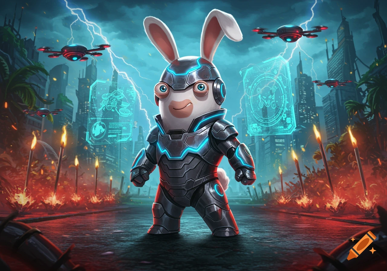 A Rabbid character in futuristic metallic armor with glowing blue accents stands in a sci-fi city with lightning, drones, and holographic screens.