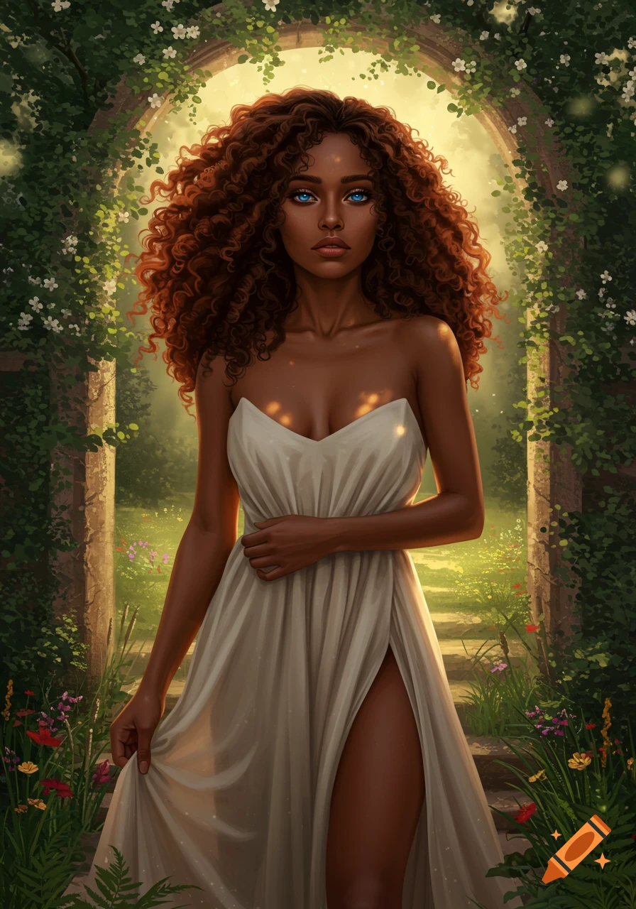 A woman with curly brown hair and blue eyes in a white dress stands in a lush garden archway, bathed in sunlight. Digital art.