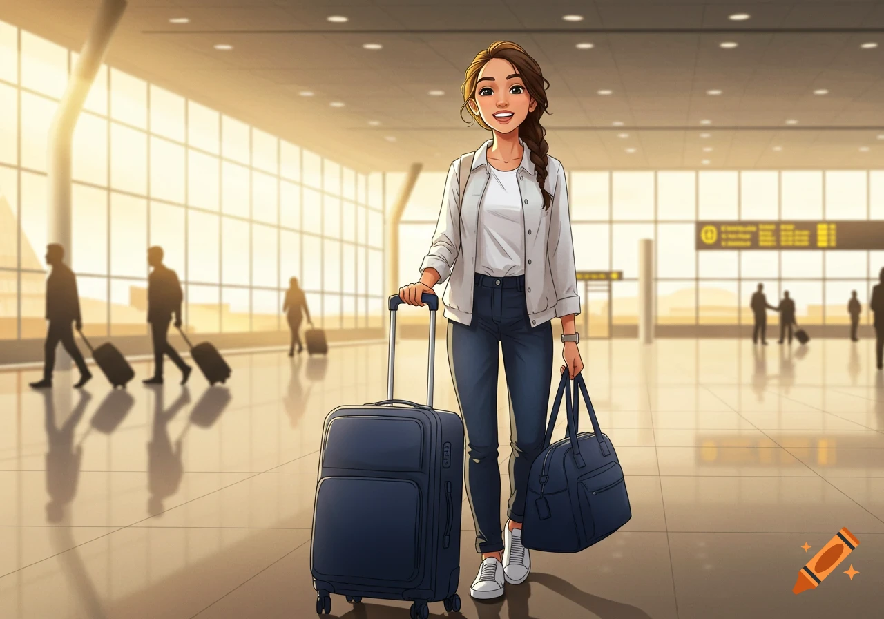 An illustrated young woman with a braid, smiling at an airport, holding a blue suitcase and a travel bag, with blurred travelers in the background.