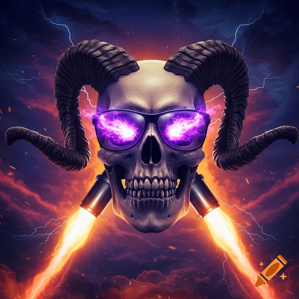 A skull with ram horns, purple glowing sunglasses, and rocket jets blasting fire against a stormy, fiery sky with lightning.