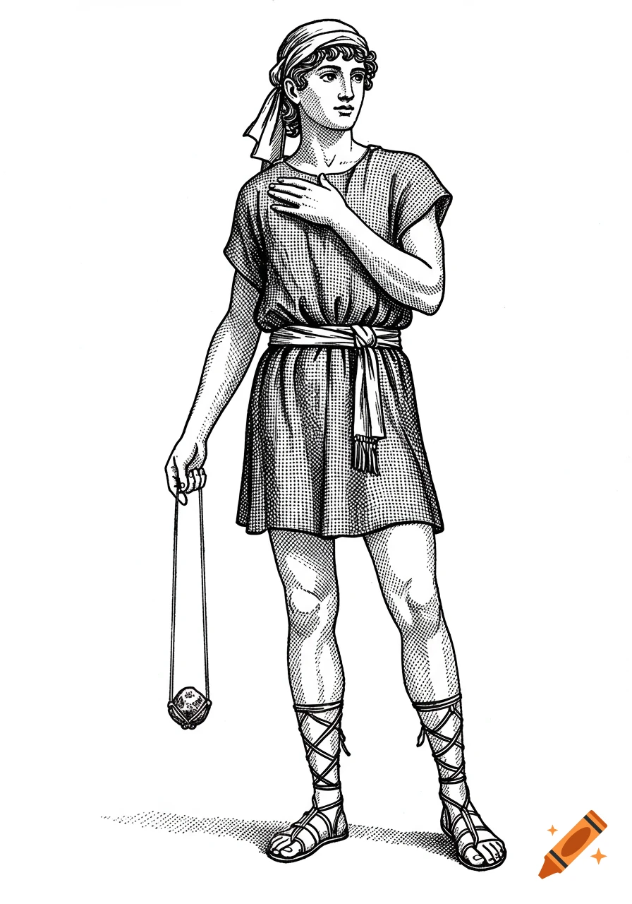 Black-and-white cross-hatch illustration of a young man in ancient tunic and sandals, holding a shepherd's sling.
