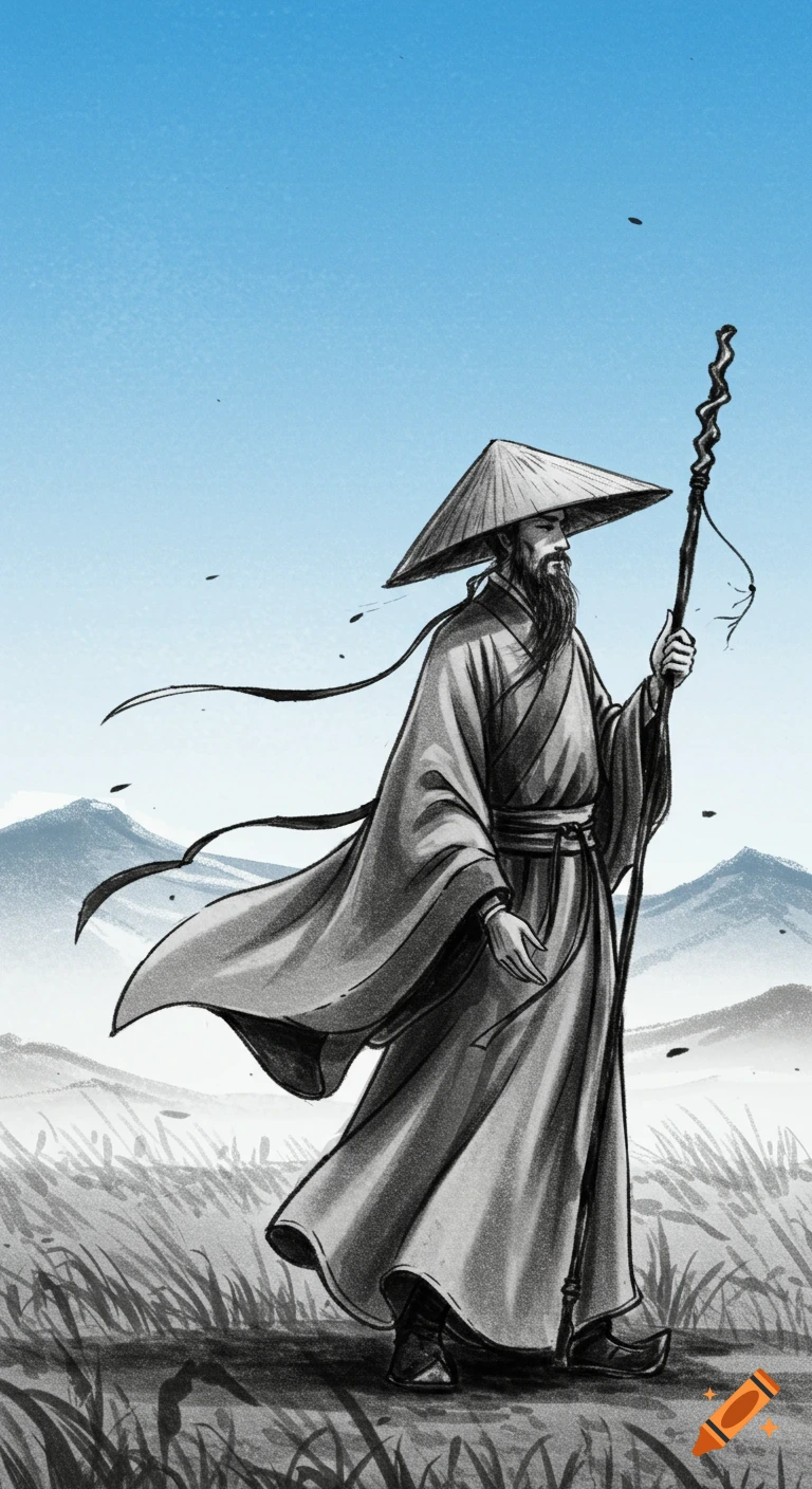 A noble Taoist Knight in traditional robe and hat, holding a staff, stands in a field with mountains under a blue sky, in a Chinese charcoal drawing art style.