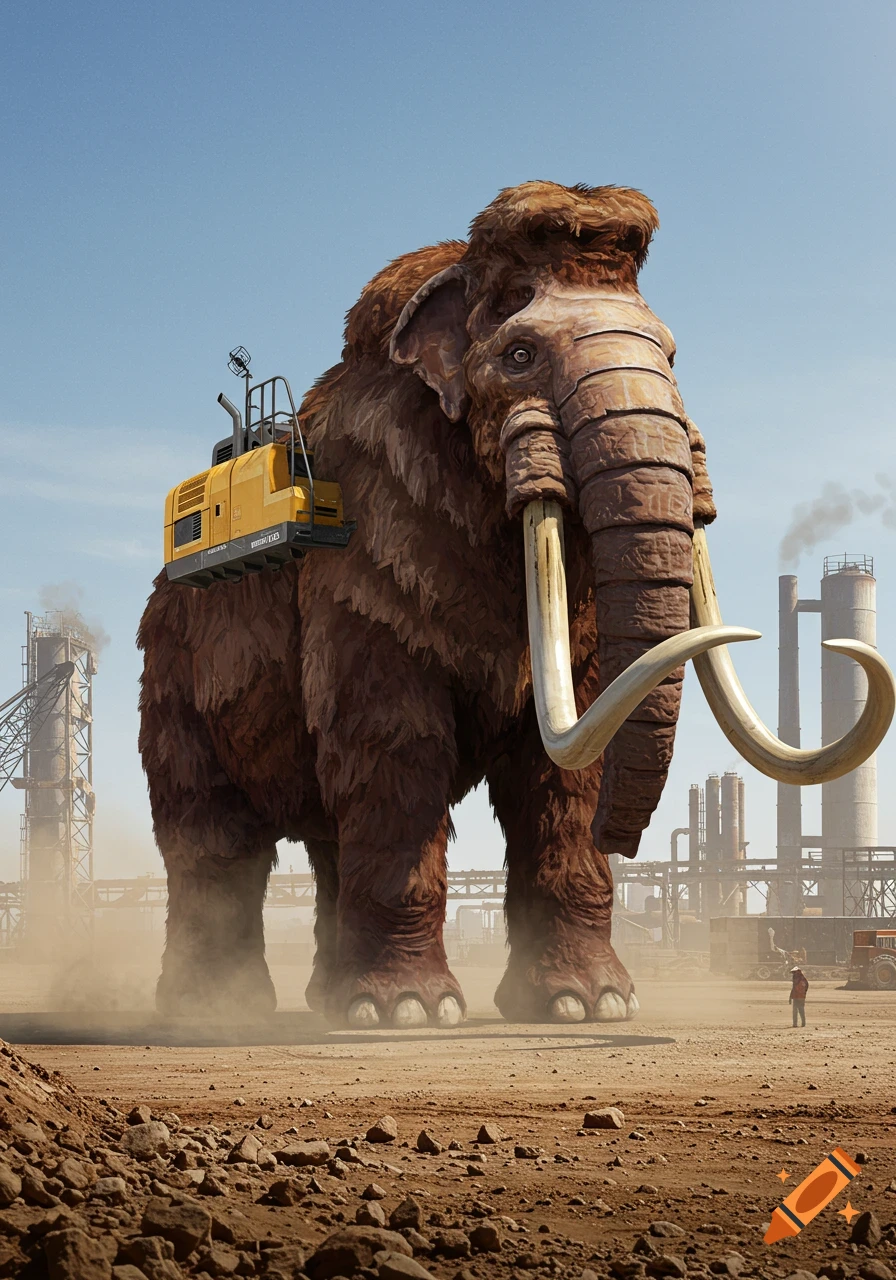 A giant woolly mammoth with a yellow excavator mounted on its back stands in a dusty industrial landscape with a small person nearby.
