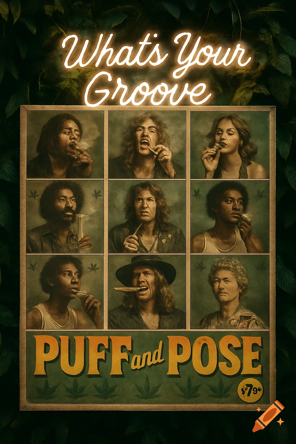 Retro poster with a neon 'What's Your Groove' sign above a grid of sepia portraits of people with cannabis props. The bottom reads 'PUFF and POSE'.