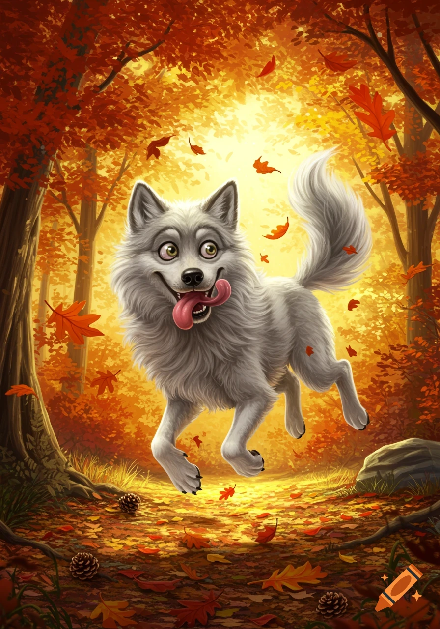 A happy, derpy white wolf with its tongue out, jumping through a sunlit autumn forest with falling red and orange leaves.