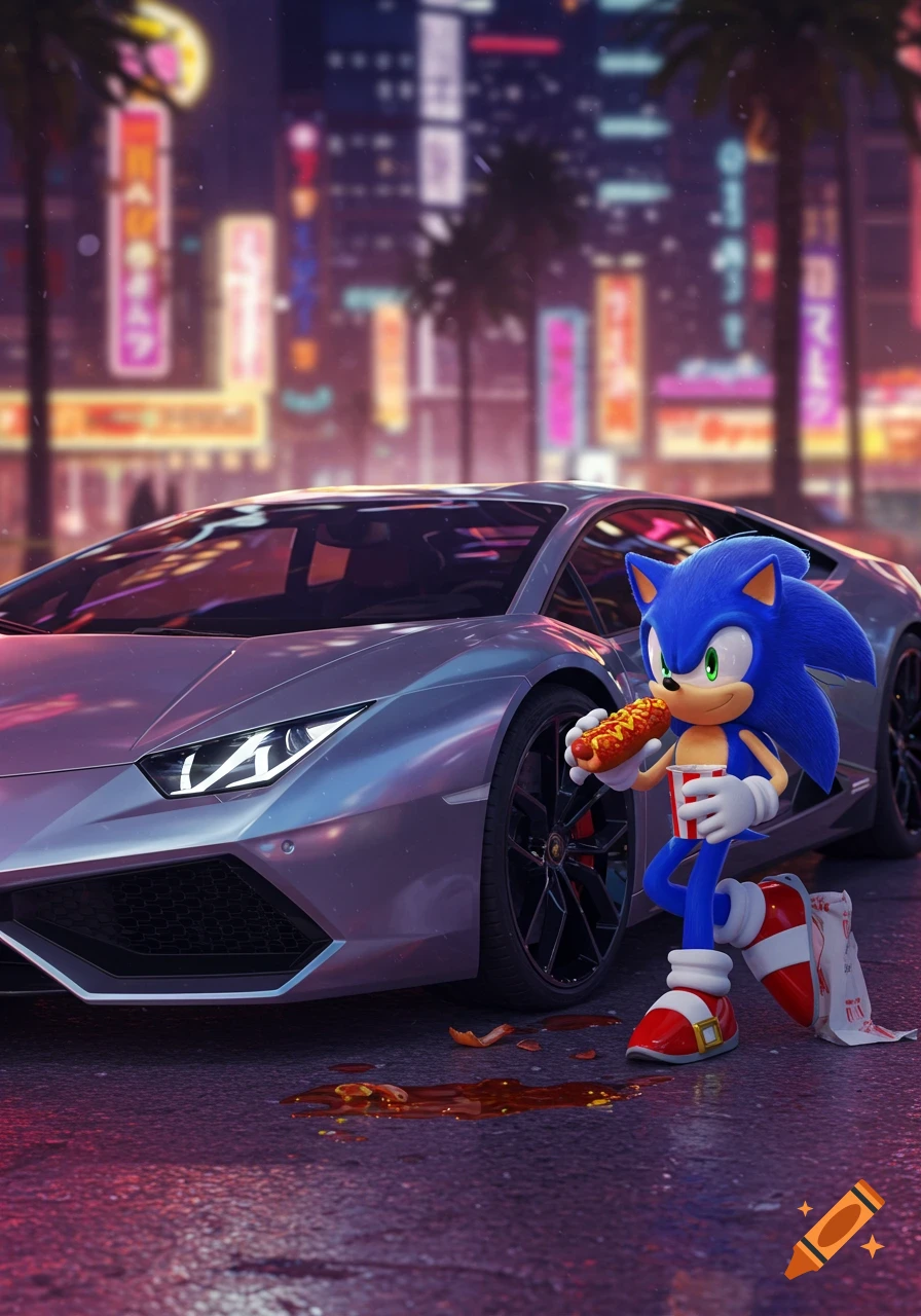 Sonic the Hedgehog eating a hot dog next to a silver Lamborghini on a wet city street at night.