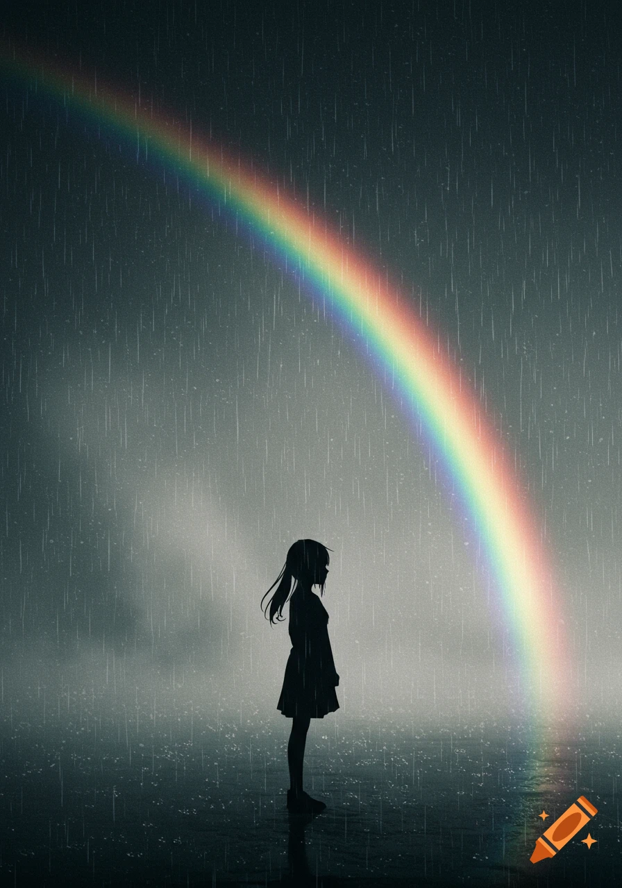 A silhouetted girl stands in the rain, looking towards a vibrant rainbow arcing across the dark sky.