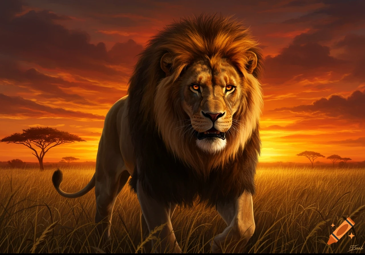 A powerful lion with a flowing mane stands in a golden savanna field during a vibrant sunset.