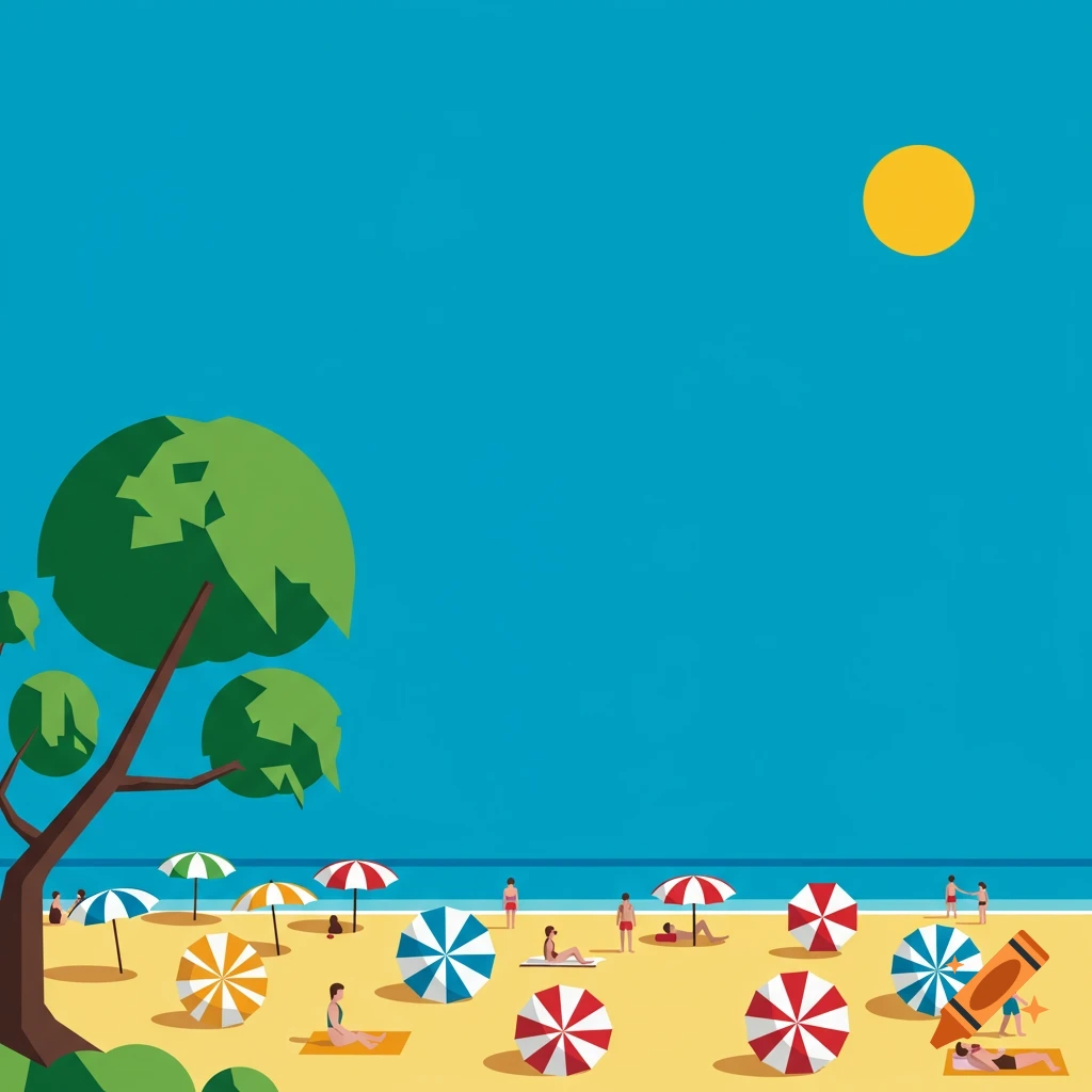 A stylized summer beach scene with people relaxing under colorful umbrellas, a large tree, and a bright yellow sun in a clear blue sky.