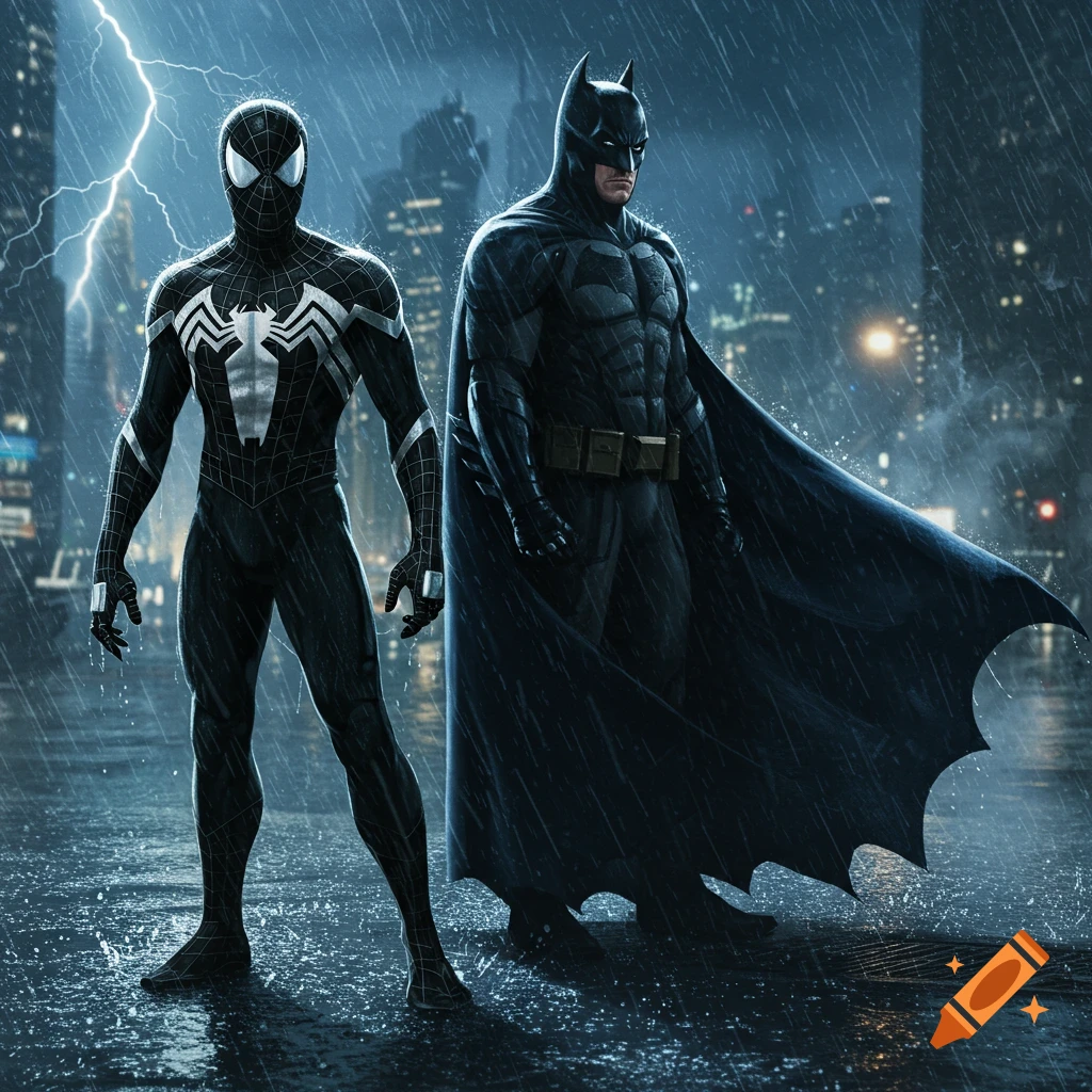 Spider-Man in a black symbiote suit and Batman stand in a rainy city with lightning.