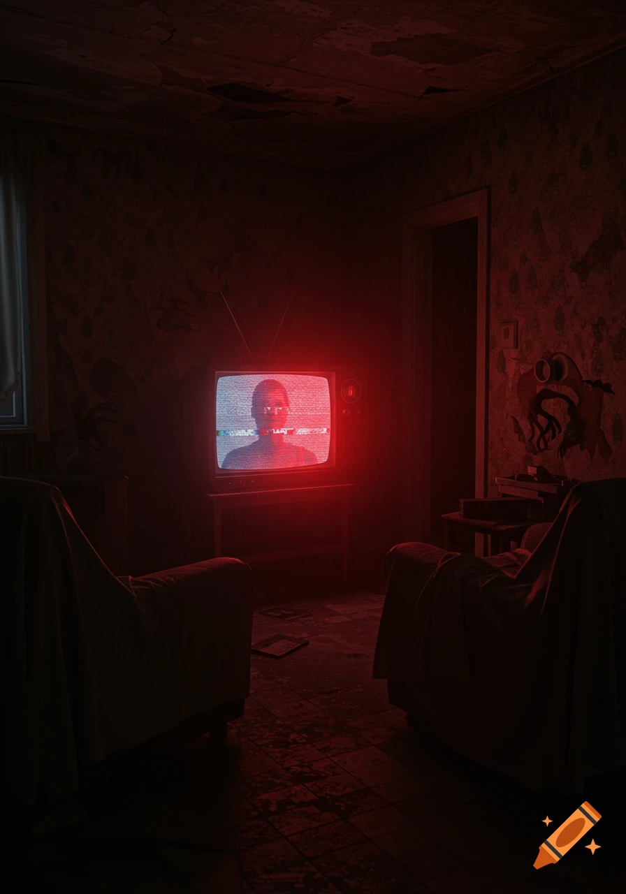 A dark, eerie room with a flickering old television displaying a distorted human figure, bathed in red light. Two chairs are draped with covers.