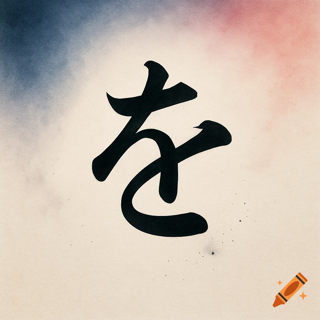 A black Japanese hiragana character 'wo' centered on a light paper-like background with faint blue and pink ink washes at the top.