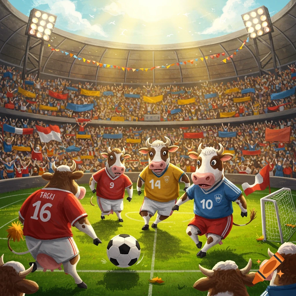 Cartoon cows playing soccer in a vibrant stadium packed with cheering cow spectators under a sunny sky.