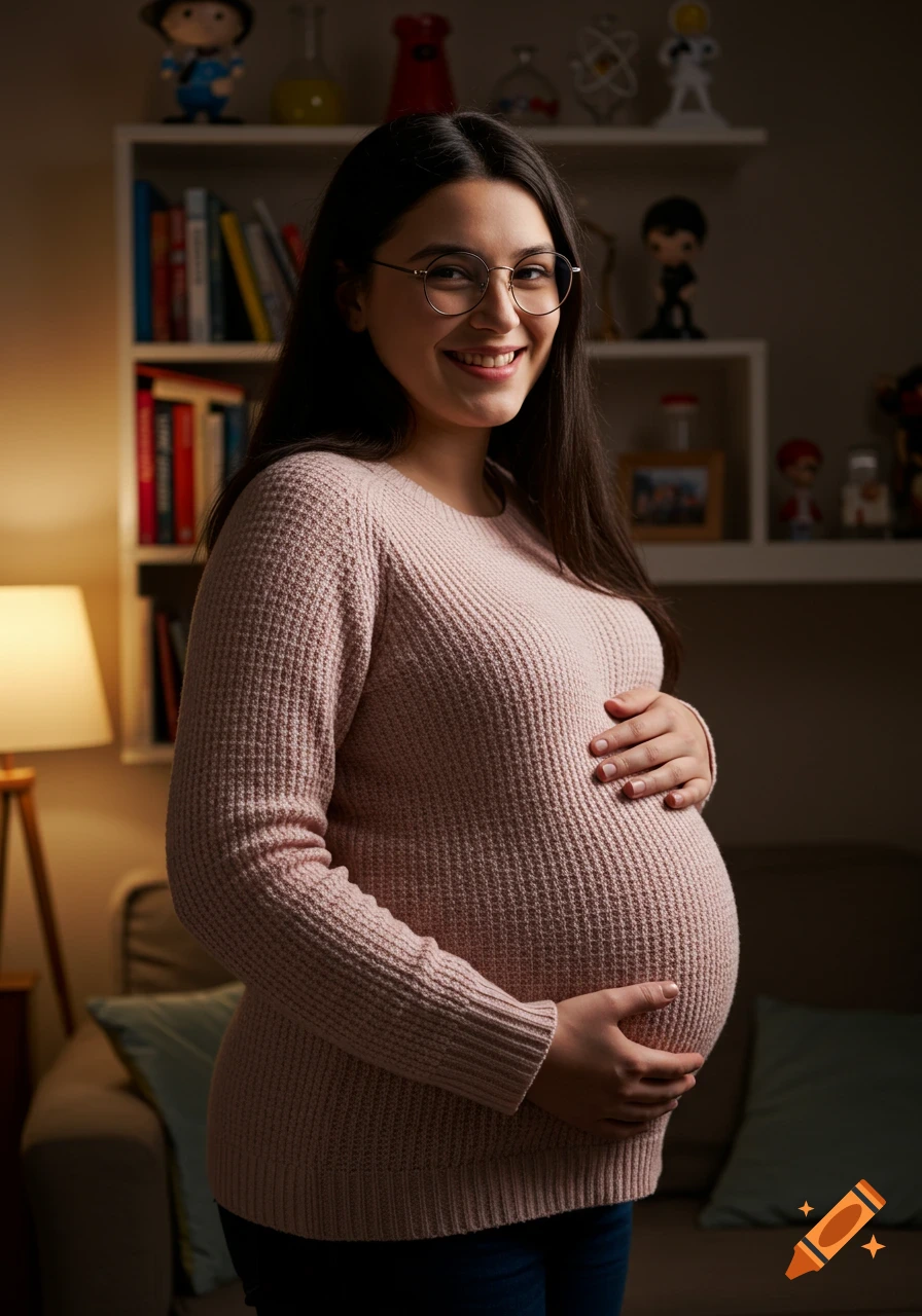 A smiling pregnant woman in glasses and a pink sweater, holding her belly, in a softly lit living room.