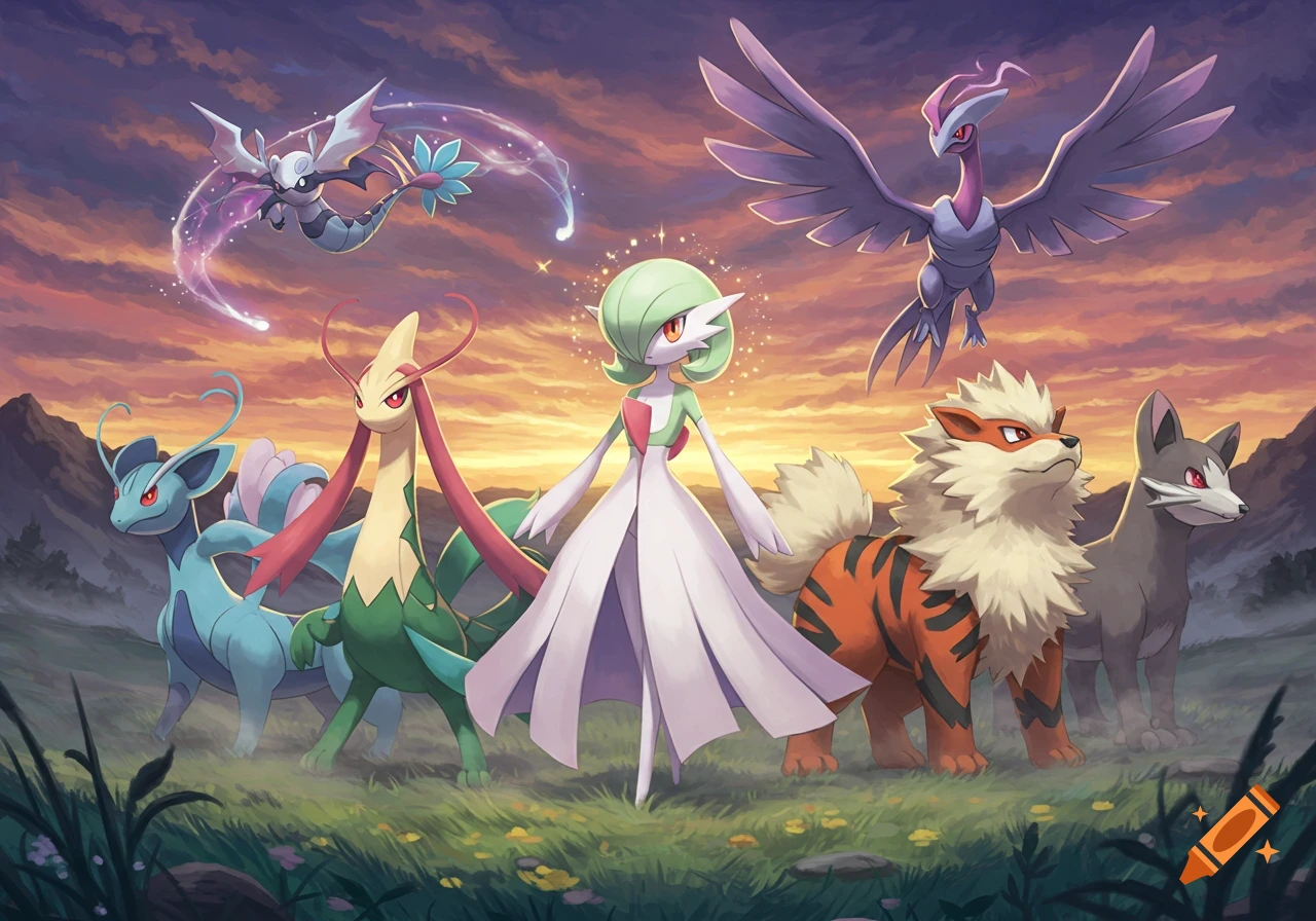 A group of various Pok Rmon, including Gardevoir, Milotic, Arcanine, and Dragapult, stand in a grassy field at sunset.