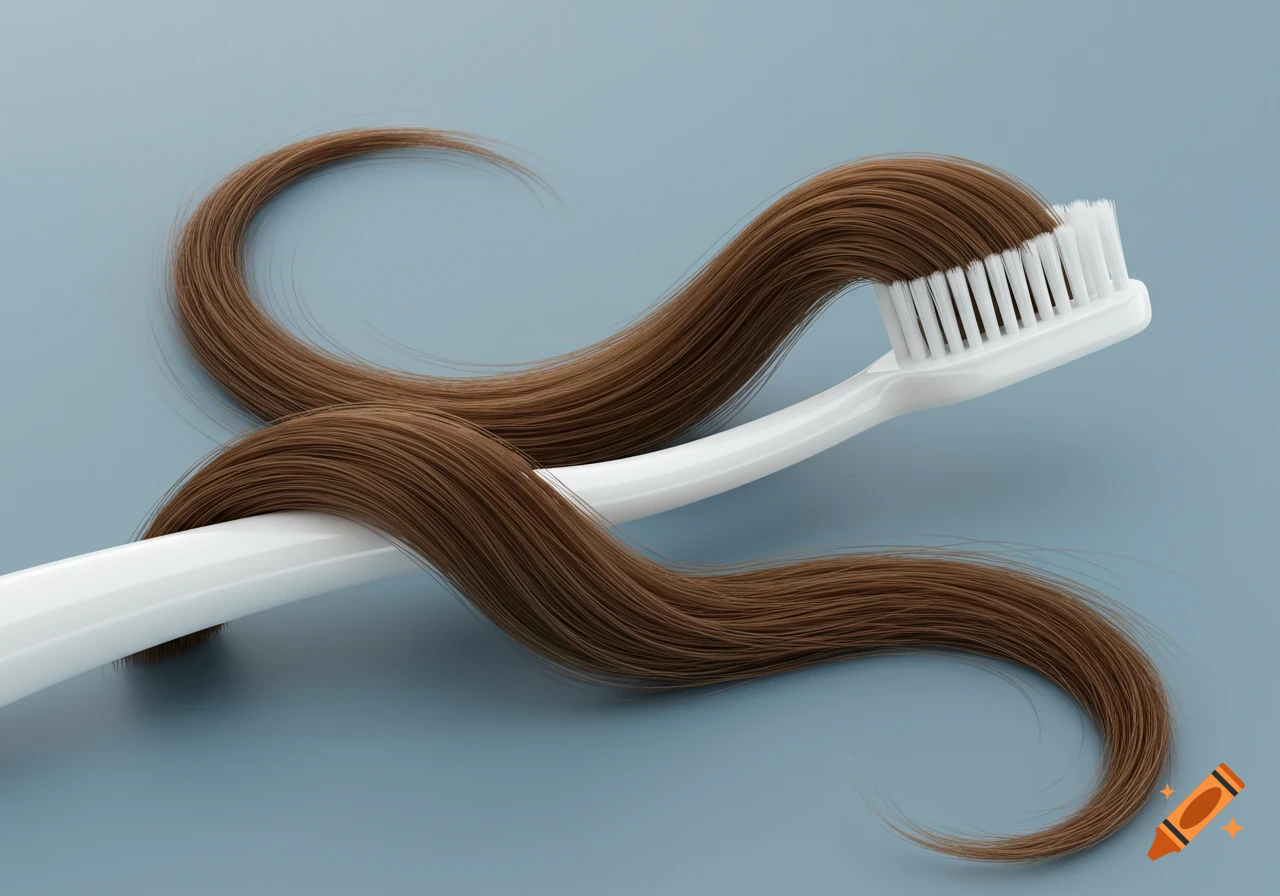 A white toothbrush with long brown hair wrapped around its handle and bristles on a blue-grey background.