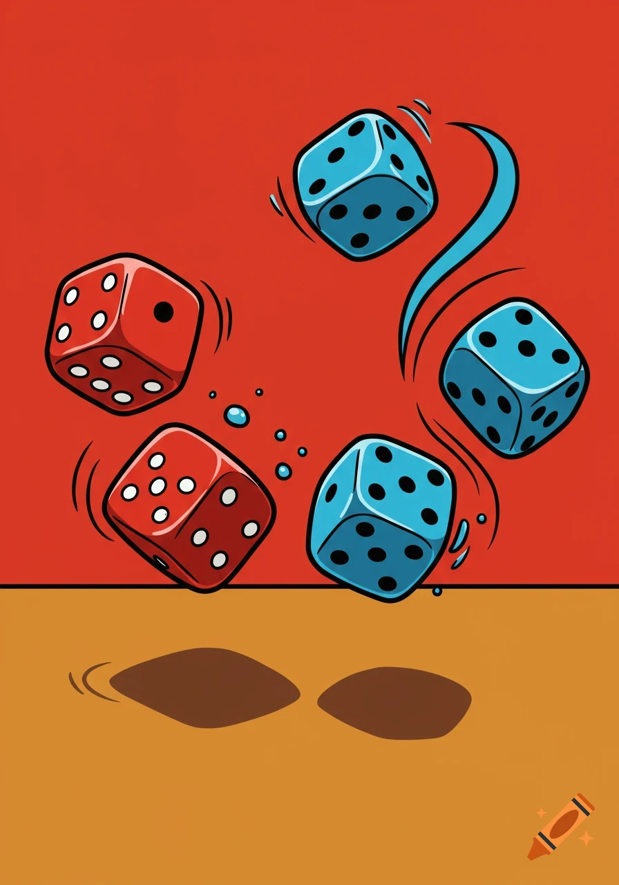 Cartoon red and blue dice bouncing against a red and orange background with motion lines.