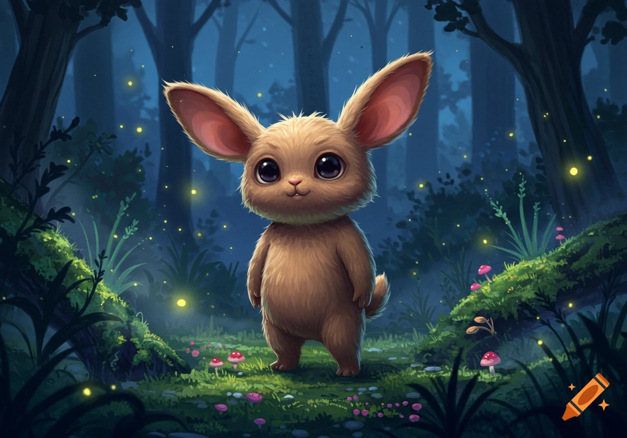 A fluffy, large-eared creature with big eyes stands in a magical forest with glowing fireflies and mushrooms.