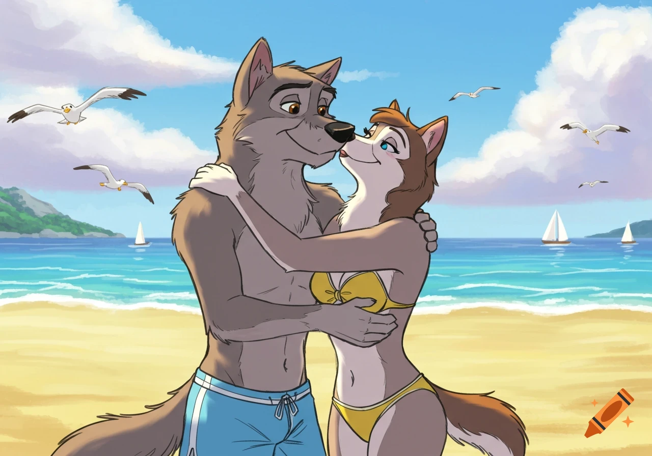 Cartoon anthropomorphic wolfdogs, a male and female, embracing on a sunny beach with sailboats and seagulls.