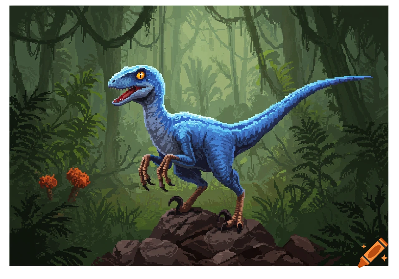 A blue pixel art raptor with orange eyes stands on rocks in a lush green jungle setting.