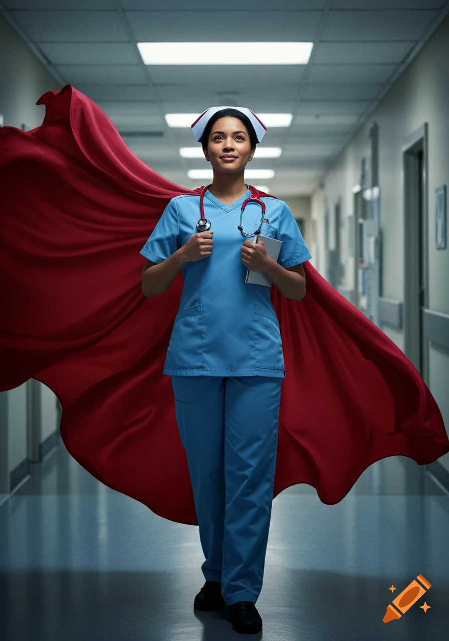 A determined female nurse in blue scrubs and a red superhero cape stands in a hospital hallway.