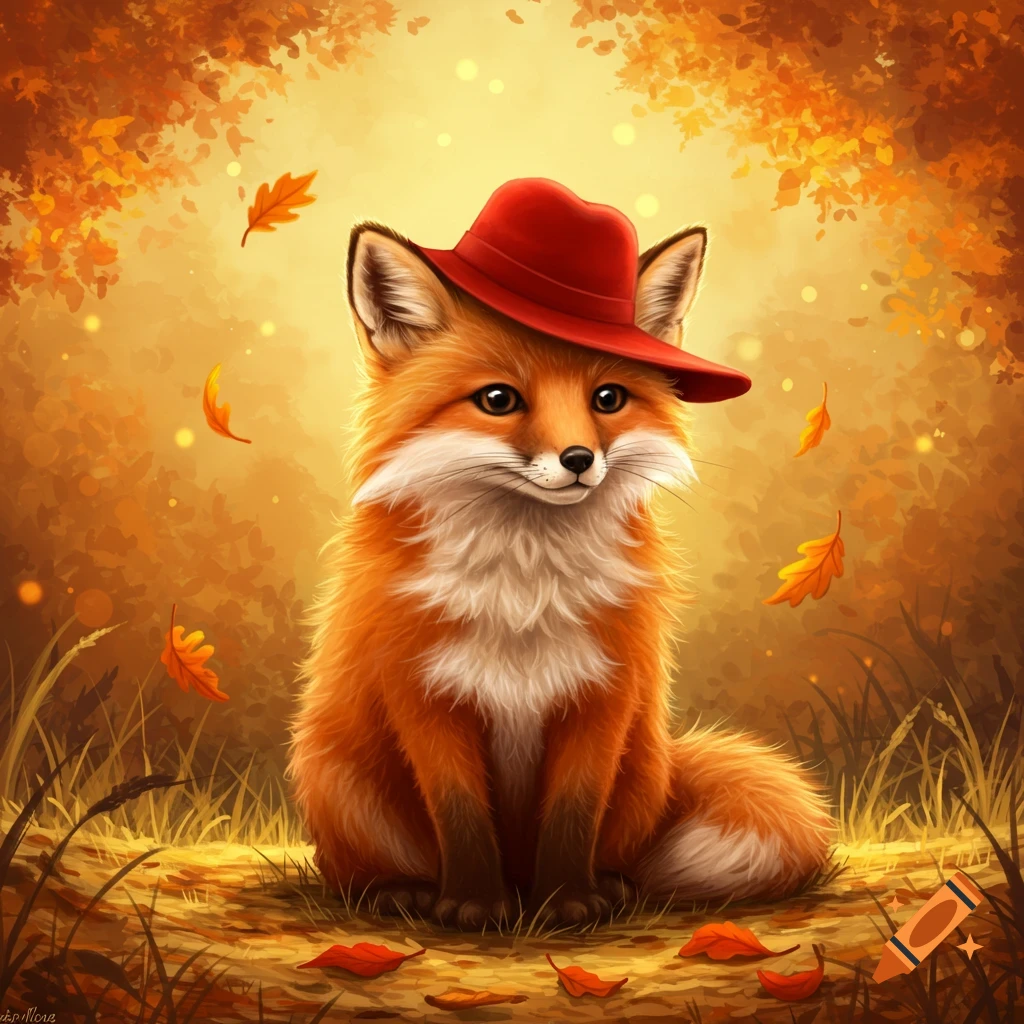 A cute fluffy fox wearing a red hat sits in an autumn forest with falling orange leaves, digital art.