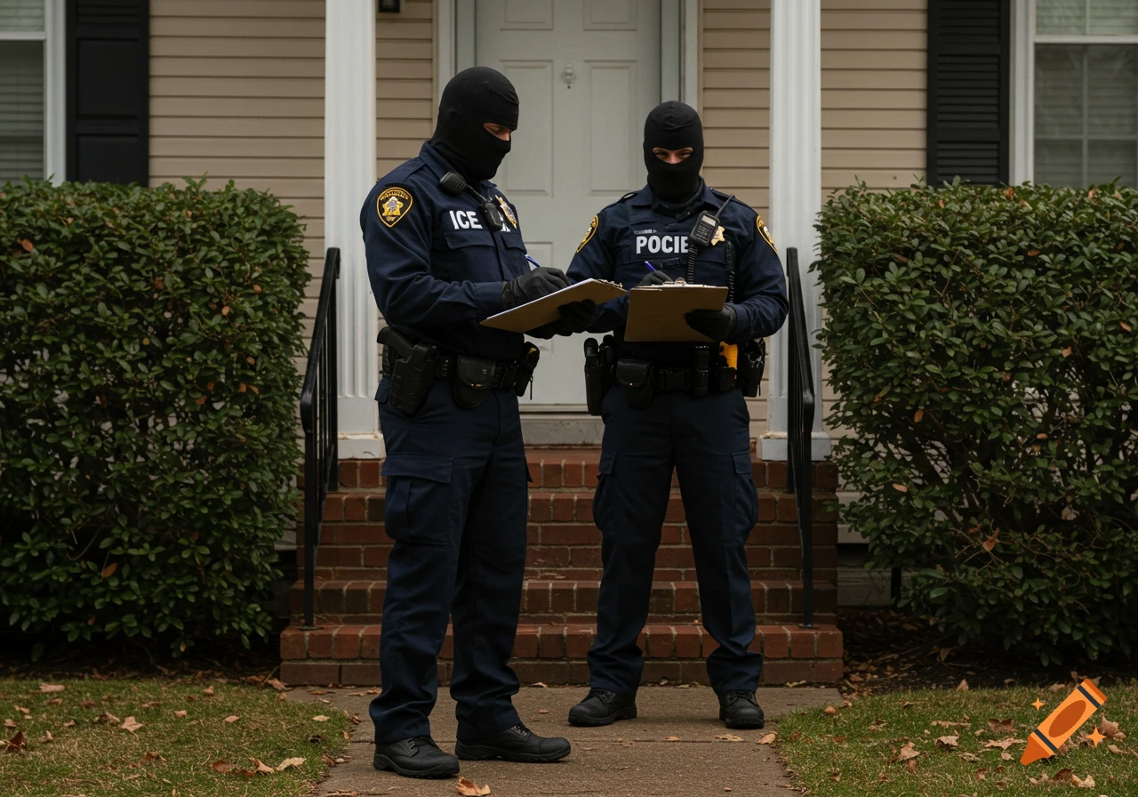 Two masked individuals in dark uniforms with clipboards stand in front of a house, appearing to be law enforcement.