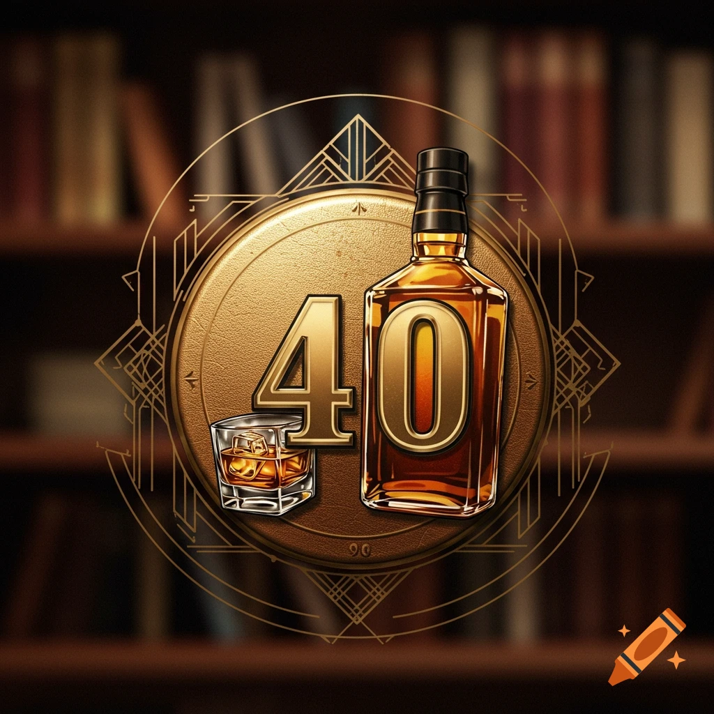 A gold-toned button with the number 40, a whiskey bottle, and a glass of whiskey, set against a blurred bookshelf background.