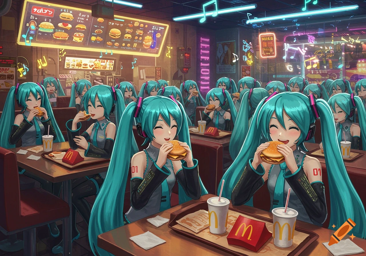 Anime art of many Hatsune Miku clones eating burgers and drinking in a brightly lit McDonald's restaurant.