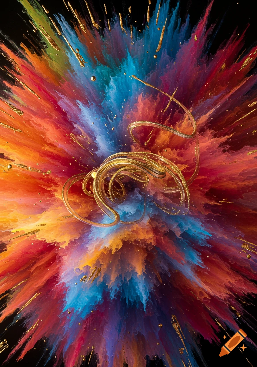 A vibrant abstract explosion of colorful paint and golden glitter with swirling shapes against a dark background.