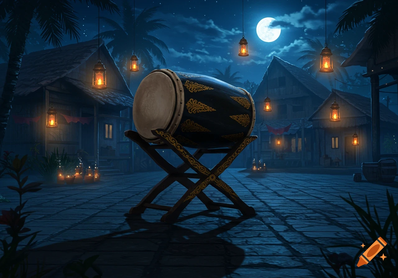 A black and gold traditional drum on a stand in a moonlit village square at night. Lanterns illuminate surrounding houses and palm trees.