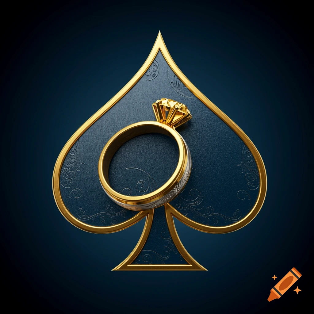 A gold wedding ring with a large diamond and engraved silver band rests on a dark blue spade card symbol with gold trim.