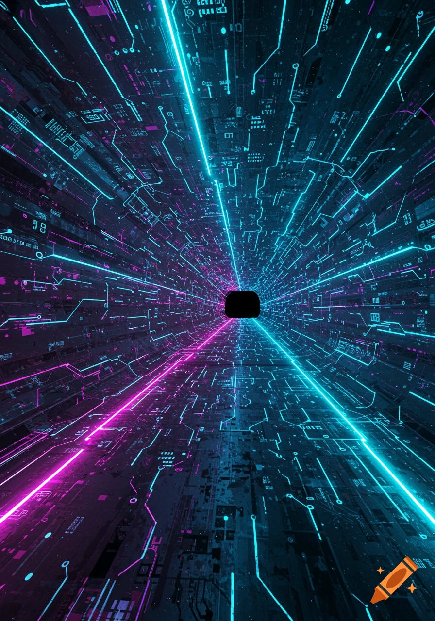 A dark, futuristic tunnel with glowing blue and pink neon circuit lines leading to a black void.