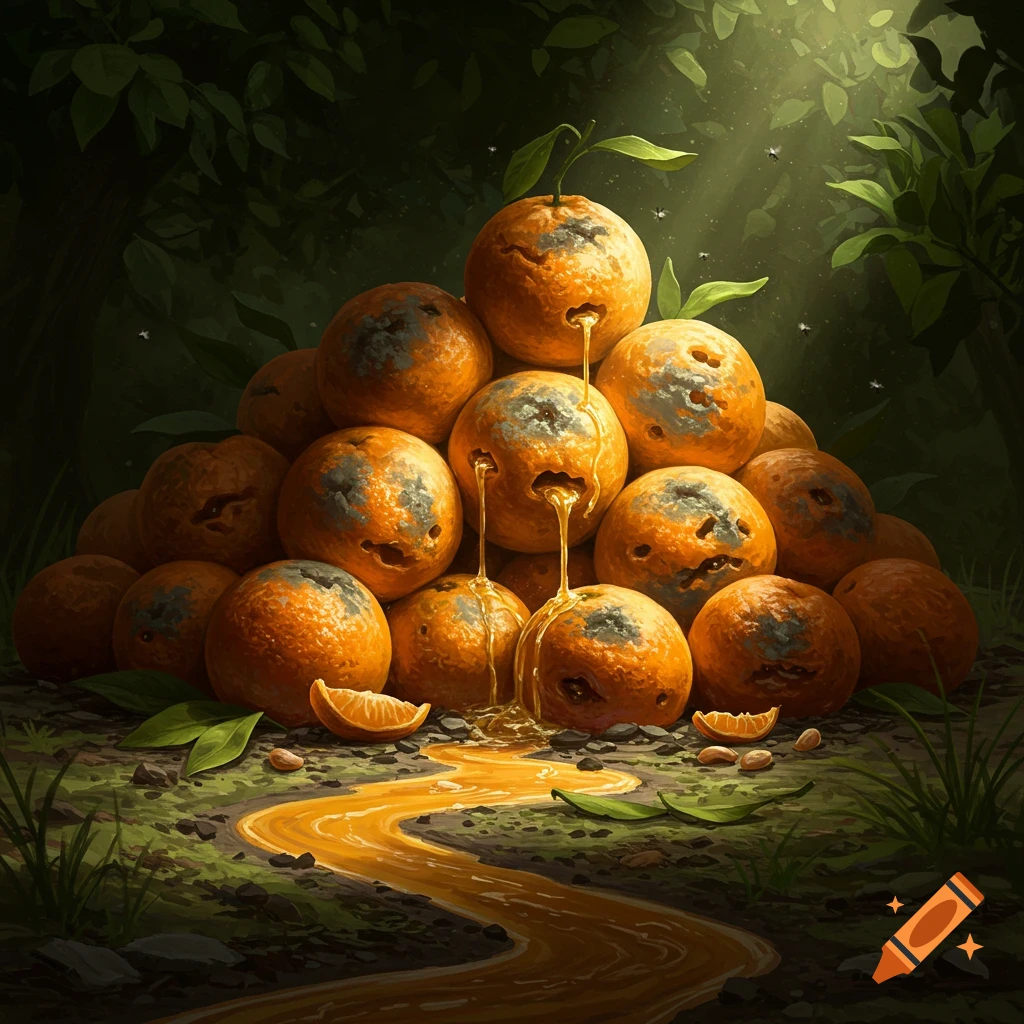 A pile of rotten oranges with green stems and leaves, oozing sticky juice that forms a stream on the dark, root-covered forest floor under sunlight. Flies hover.