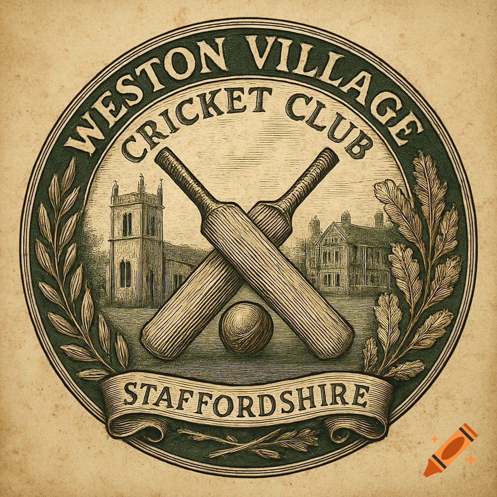 A vintage circular cricket club emblem in engraved style, featuring crossed bats and a ball, with a church and hall in the background, text reads 'WESTON VILLAGE CRICKET CLUB STAFFORDSHIRE'.