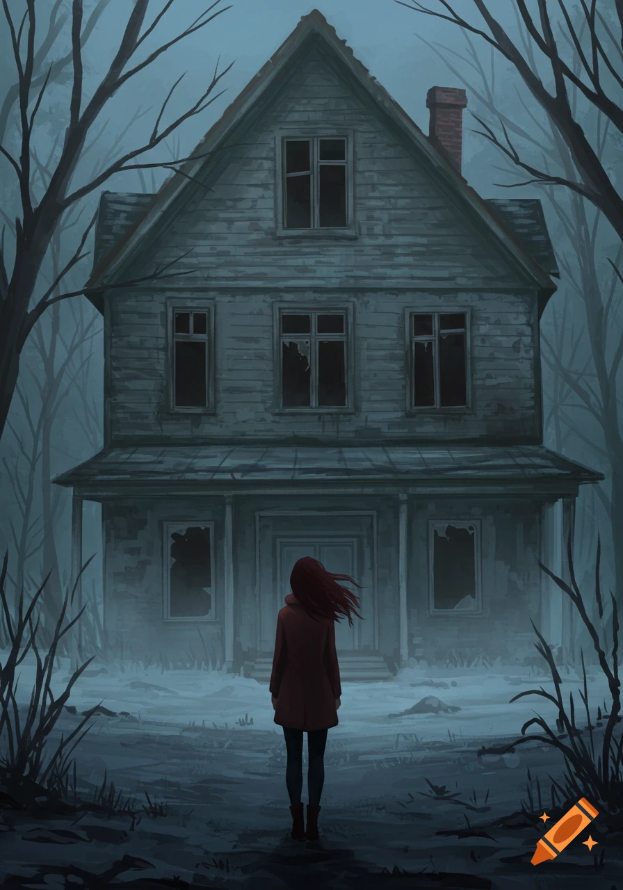 A woman stands with her back to the viewer, facing a creepy, abandoned house among bare trees in a misty, dark setting. Digital illustration.