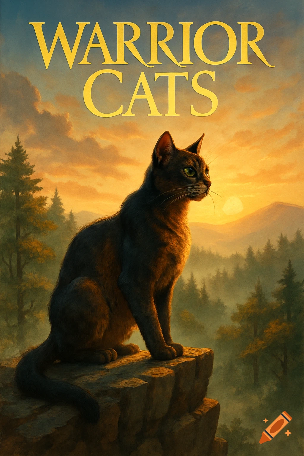 A black cat with green eyes sits on a rocky cliff overlooking a misty forest at sunset, with the golden title "WARRIOR CATS" above.